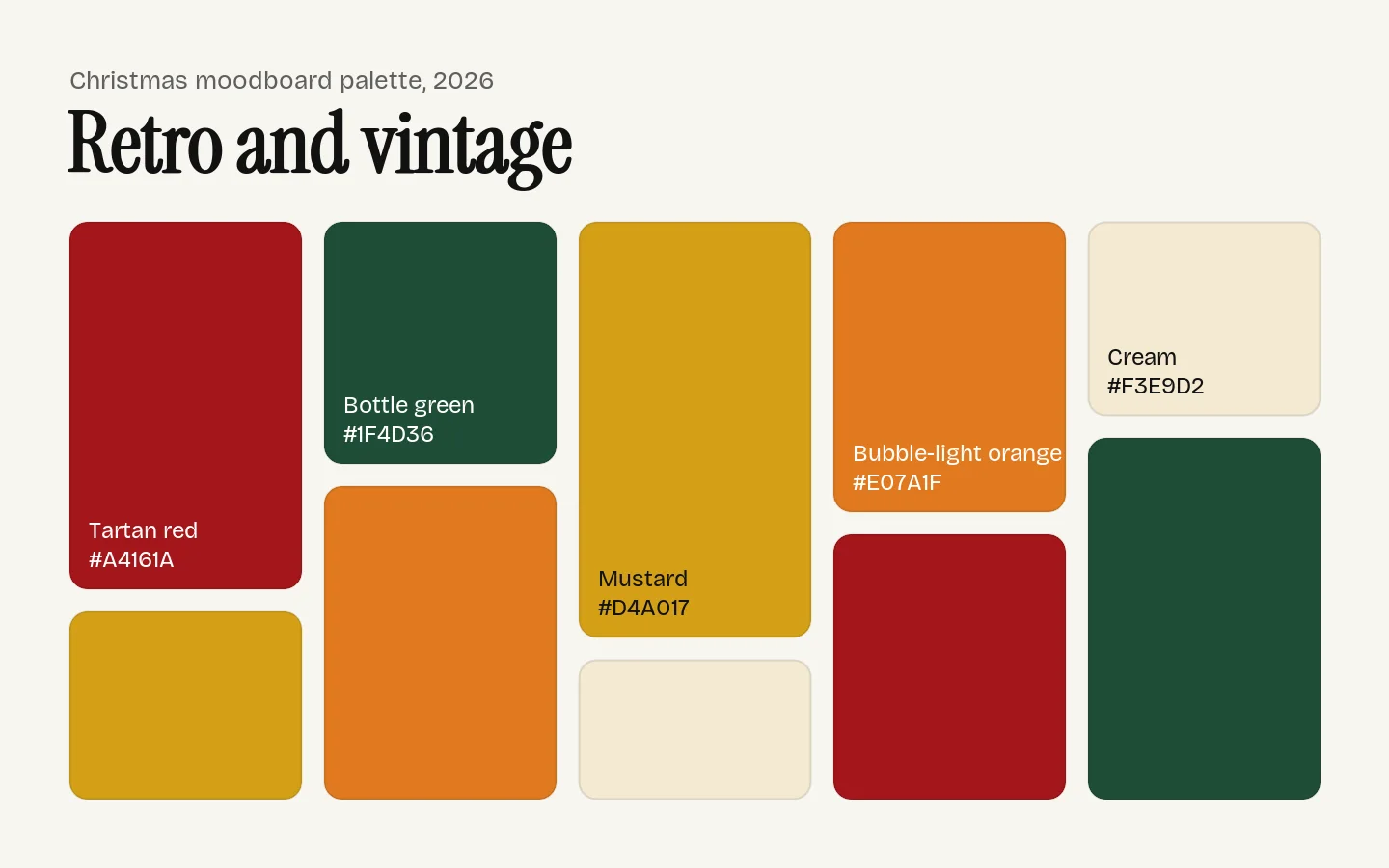 Retro and vintage Christmas palette as a moodboard: tartan red #A4161A, bottle green #1F4D36, mustard #D4A017, bubble-light orange #E07A1F and cream #F3E9D2