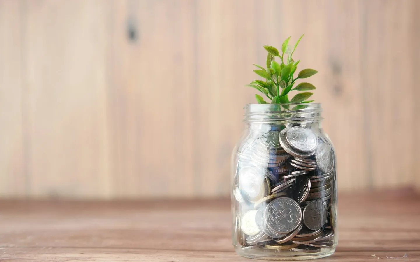 Glass jar of coins with a small plant growing out of it, on a wooden table