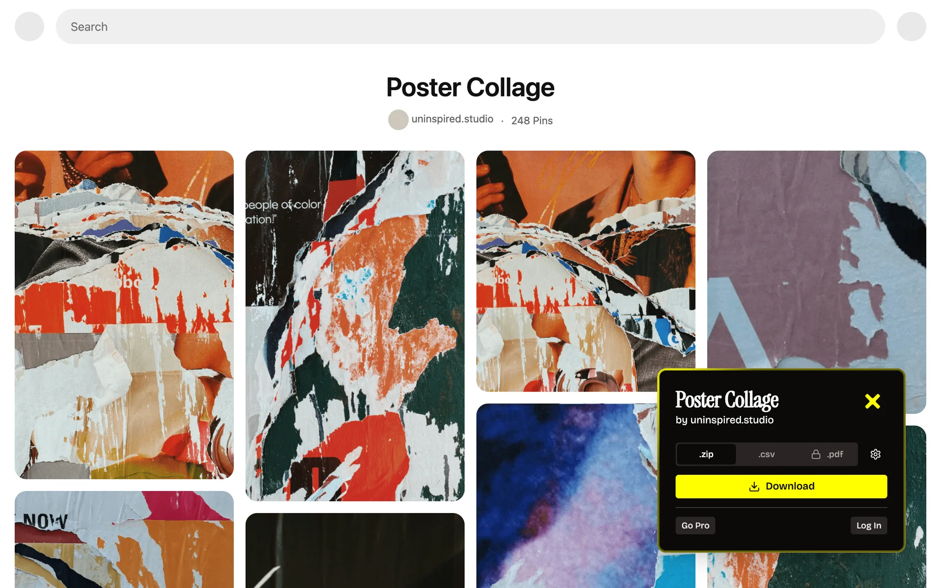 Unpinned's panel open on a Pinterest board, ready to download all 248 pins as a ZIP