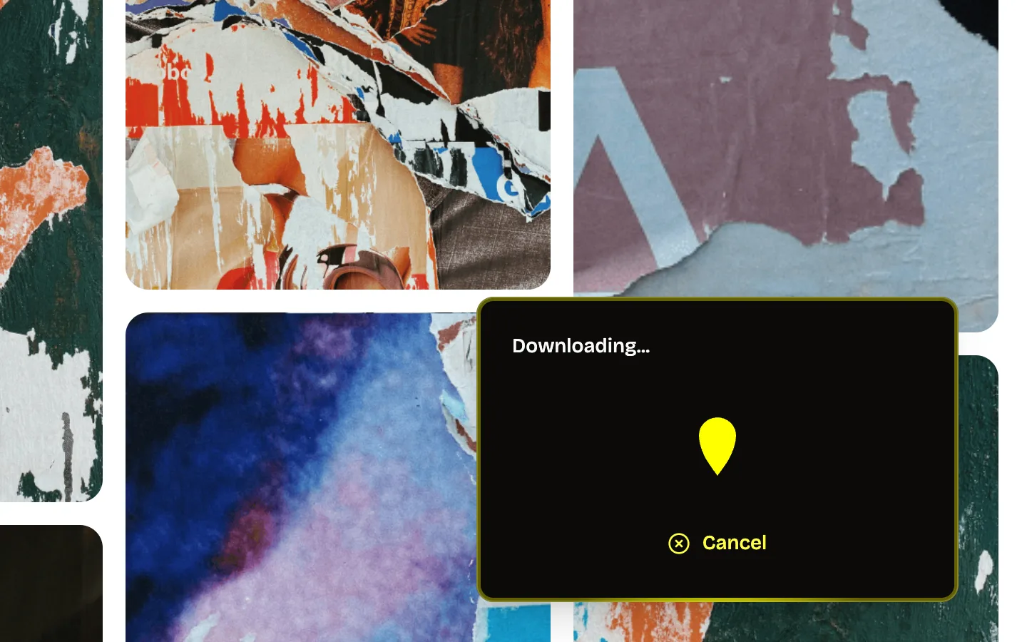 Unpinned panel in the corner of a Pinterest board showing Downloading... with a Cancel button