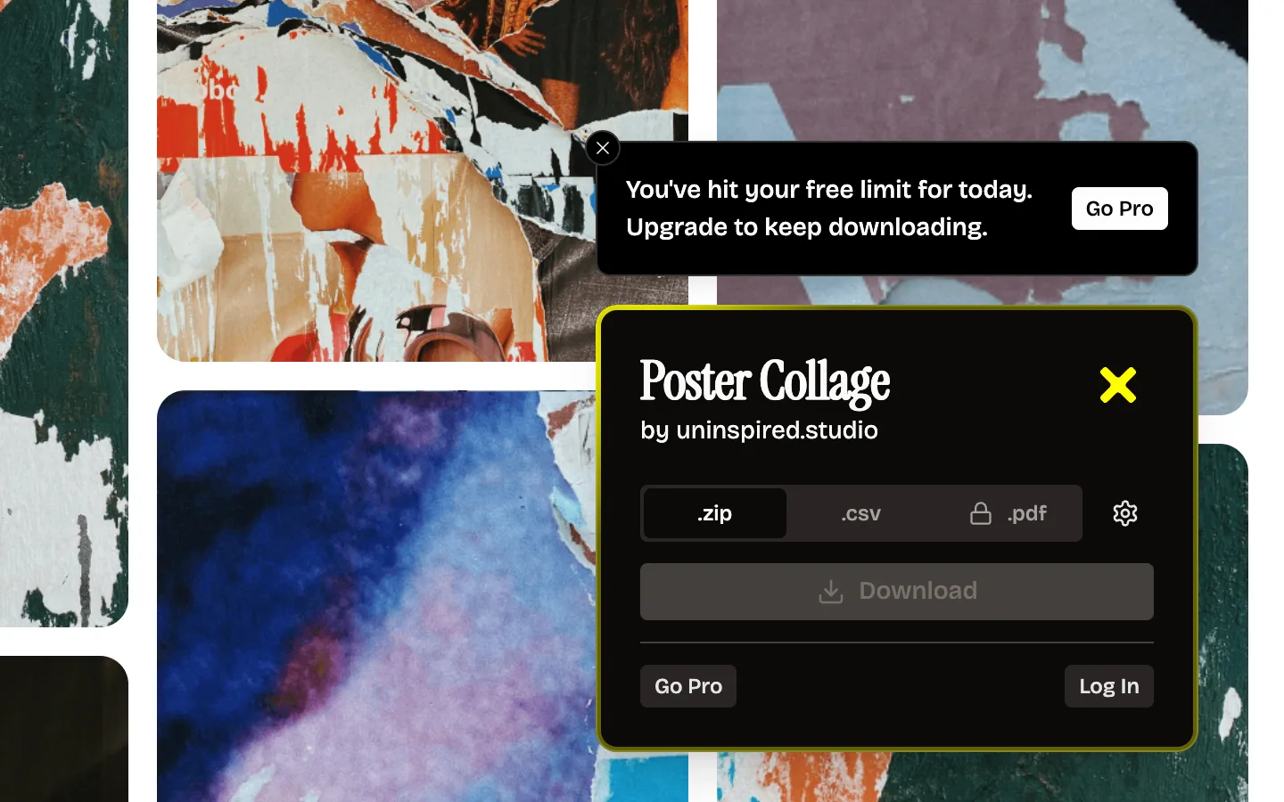 Banner above the Unpinned panel reading You've hit your free limit for today. Upgrade to keep downloading, with a Go Pro button and the Download button greyed out