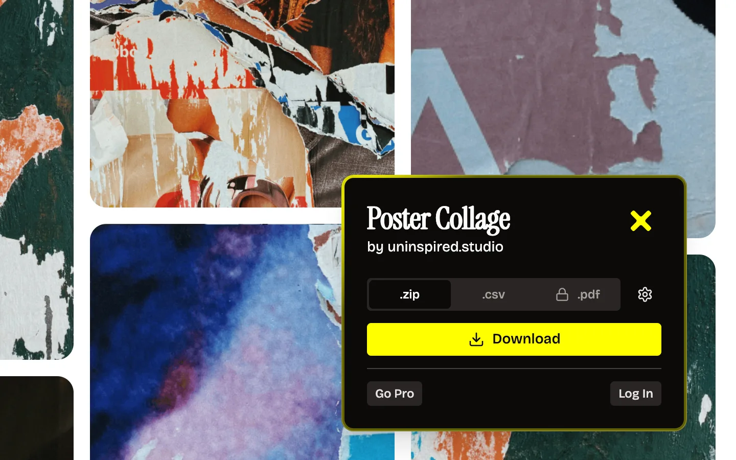 Unpinned panel open in the corner of the Pinterest board Poster Collage by uninspired.studio, with .zip, .csv and a locked .pdf tab, a settings gear, a yellow Download button, and Go Pro and Log In below